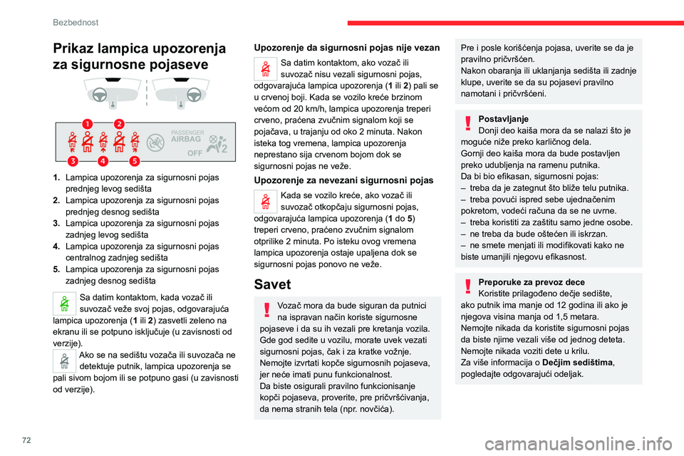 CITROEN C4 2021 Priručnik (in Serbian) 72
Bezbednost
Prikaz lampica upozorenja
za sigurnosne pojaseve
1. Lampica upozorenja za sigurnosni pojas
prednjeg levog sedišta
2. Lampica upozorenja za sigurnosni pojas
prednjeg desnog se CITROEN C4 2021 Priručnik (in Serbian) 72
Bezbednost
Prikaz lampica upozorenja
za sigurnosne pojaseve
1. Lampica upozorenja za sigurnosni pojas
prednjeg levog sedišta
2. Lampica upozorenja za sigurnosni pojas
prednjeg desnog se