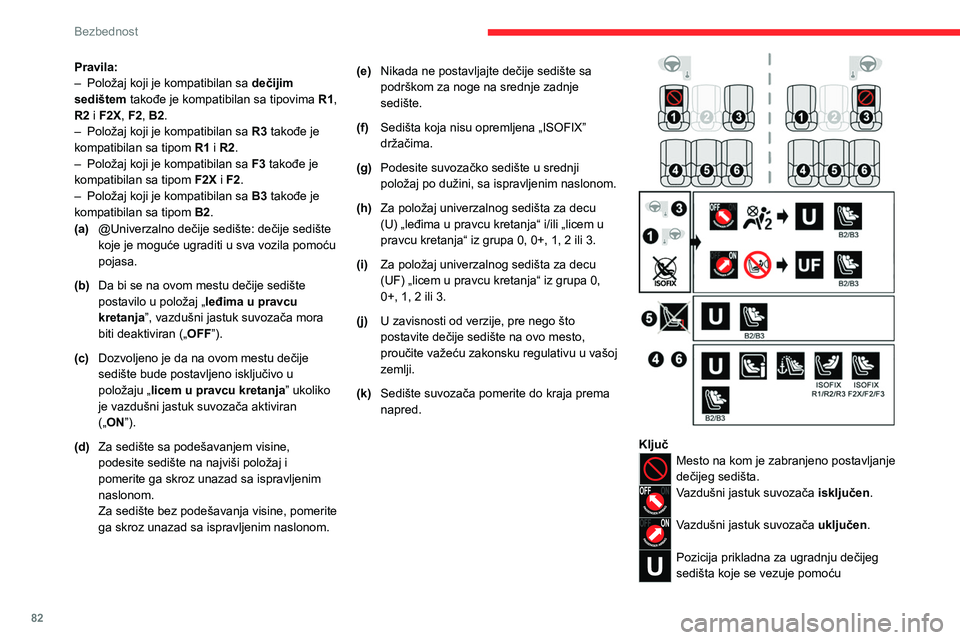 CITROEN C4 2021 Priručnik (in Serbian) 82
Bezbednost
Pravila:
– Položaj koji je kompatibilan sa dečijim
sedištem
takođe je kompatibilan sa tipovima R1,
R2 i F2X, F2, B2.
–
Položaj koji je kompatibilan sa R3
takođe je
ko CITROEN C4 2021 Priručnik (in Serbian) 82
Bezbednost
Pravila:
– Položaj koji je kompatibilan sa dečijim
sedištem
takođe je kompatibilan sa tipovima R1,
R2 i F2X, F2, B2.
–
Položaj koji je kompatibilan sa R3
takođe je
ko