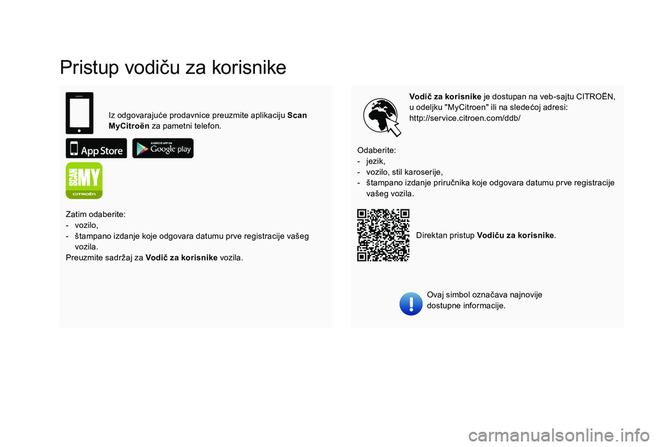 CITROEN C4 CACTUS 2019  Priručnik (in Serbian) Pristup vodiču za korisnike
Vodič za korisnike je dostupan na veb-sajtu CITROËN, 
u odeljku "MyCitroen" ili na sledećoj adresi:
http://service.citroen.com/ddb/Ovaj simbol označava najnovi