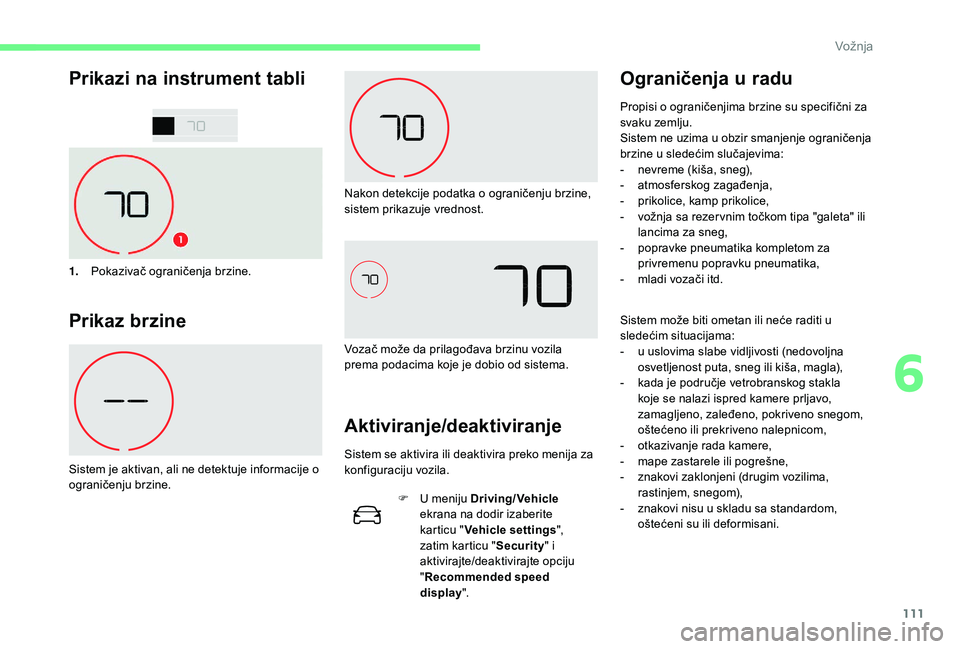 CITROEN C4 CACTUS 2019 Priručnik (in Serbian) 111
Prikazi na instrument tabli
1.Pokazivač ograničenja brzine.
Prikaz brzine
Sistem je aktivan, ali ne detektuje informacije o
ograničenju brzine. Nakon detekcije podatka o ograničenju brzine,
CITROEN C4 CACTUS 2019 Priručnik (in Serbian) 111
Prikazi na instrument tabli
1.Pokazivač ograničenja brzine.
Prikaz brzine
Sistem je aktivan, ali ne detektuje informacije o
ograničenju brzine. Nakon detekcije podatka o ograničenju brzine,