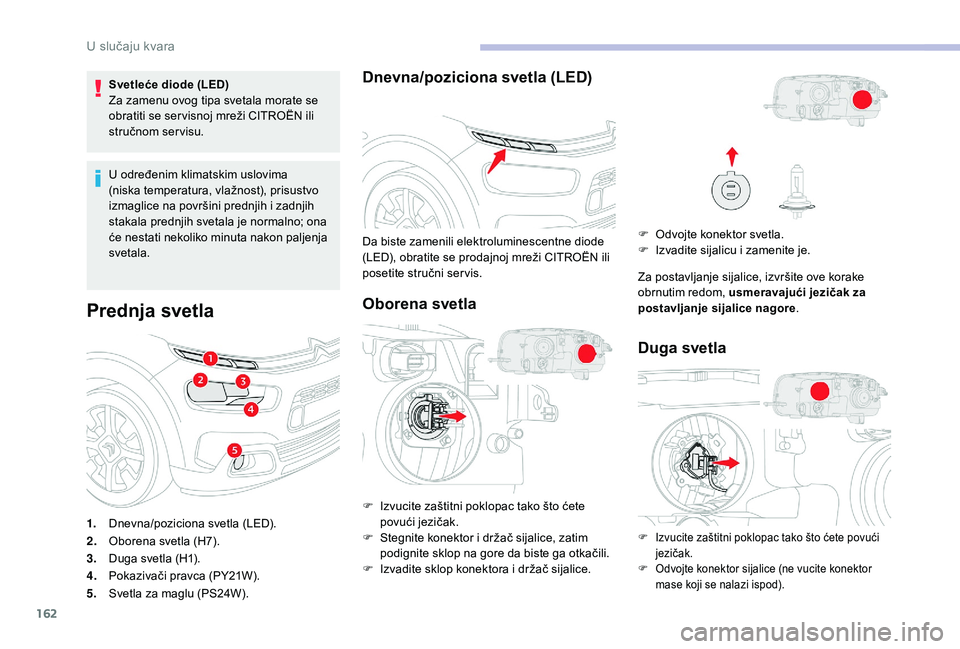CITROEN C4 CACTUS 2019 Priručnik (in Serbian) 162
Svetleće diode (LED)
Za zamenu ovog tipa svetala morate se
obratiti se ser visnoj mreži CITROËN ili
stručnom servisu.
U određenim klimatskim uslovima
(niska temperatura, vlažnost), prisus CITROEN C4 CACTUS 2019 Priručnik (in Serbian) 162
Svetleće diode (LED)
Za zamenu ovog tipa svetala morate se
obratiti se ser visnoj mreži CITROËN ili
stručnom servisu.
U određenim klimatskim uslovima
(niska temperatura, vlažnost), prisus