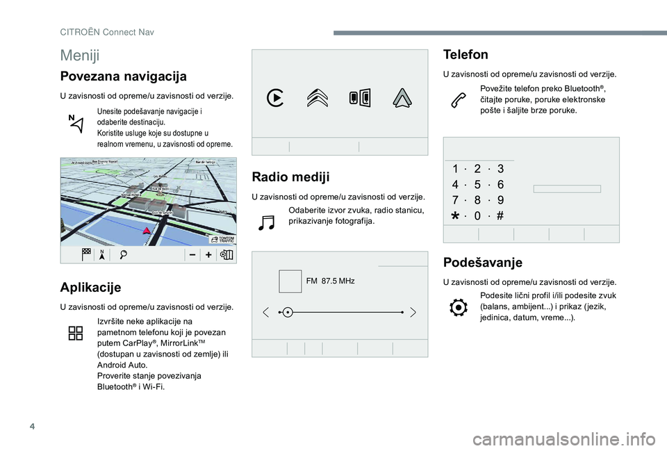 CITROEN C4 CACTUS 2019 Priručnik (in Serbian) 4
FM 87.5 MHz
Radio mediji
U zavisnosti od opreme/u zavisnosti od verzije.Odaberite izvor zvuka, radio stanicu,
prikazivanje fotografija.
Telefon
U zavisnosti od opreme/u zavisnosti od verzije.
Pove CITROEN C4 CACTUS 2019 Priručnik (in Serbian) 4
FM 87.5 MHz
Radio mediji
U zavisnosti od opreme/u zavisnosti od verzije.Odaberite izvor zvuka, radio stanicu,
prikazivanje fotografija.
Telefon
U zavisnosti od opreme/u zavisnosti od verzije.
Pove