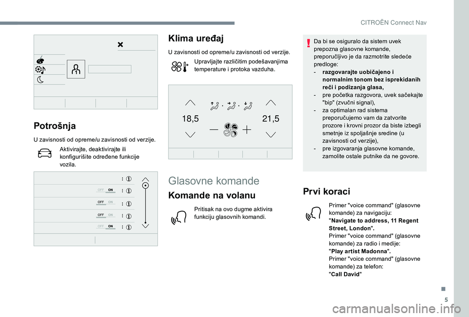 CITROEN C4 CACTUS 2019 Priručnik (in Serbian) 5
21,518,5Potrošnja
U zavisnosti od opreme/u zavisnosti od verzije.Aktivirajte, deaktivirajte ili
konfigurišite određene funkcije
vozila.
Klima uređaj
U zavisnosti od opreme/u zavisnosti od verz CITROEN C4 CACTUS 2019 Priručnik (in Serbian) 5
21,518,5Potrošnja
U zavisnosti od opreme/u zavisnosti od verzije.Aktivirajte, deaktivirajte ili
konfigurišite određene funkcije
vozila.
Klima uređaj
U zavisnosti od opreme/u zavisnosti od verz