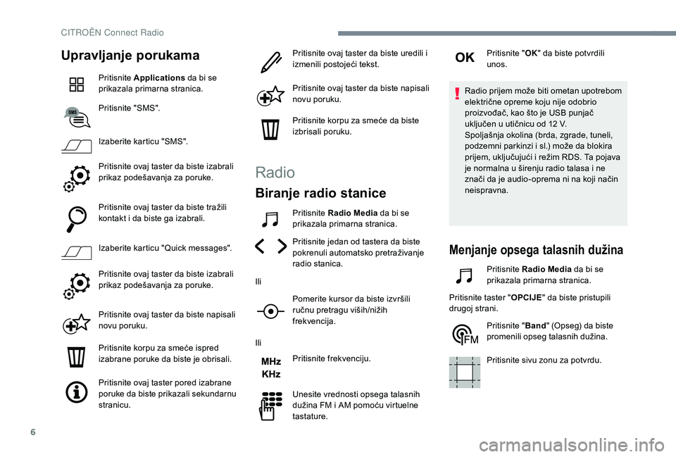 CITROEN C4 CACTUS 2019 Priručnik (in Serbian) 6
Upravljanje porukama
Pritisnite Applications da bi se
prikazala primarna stranica.
Pritisnite "SMS".
Izaberite karticu "SMS".
Pritisnite ovaj taster da biste izabrali
prikaz pode CITROEN C4 CACTUS 2019 Priručnik (in Serbian) 6
Upravljanje porukama
Pritisnite Applications da bi se
prikazala primarna stranica.
Pritisnite "SMS".
Izaberite karticu "SMS".
Pritisnite ovaj taster da biste izabrali
prikaz pode