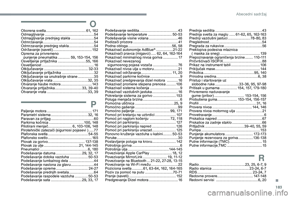 CITROEN C4 CACTUS 2019 Priručnik (in Serbian) 183
OOborena svetla ........................................61, 162
Odmagljivanje ................................................. 54
O
dmagljivanje prednjeg stakla
.......................54
O
dm CITROEN C4 CACTUS 2019 Priručnik (in Serbian) 183
OOborena svetla ........................................61, 162
Odmagljivanje ................................................. 54
O
dmagljivanje prednjeg stakla
.......................54
O
dm