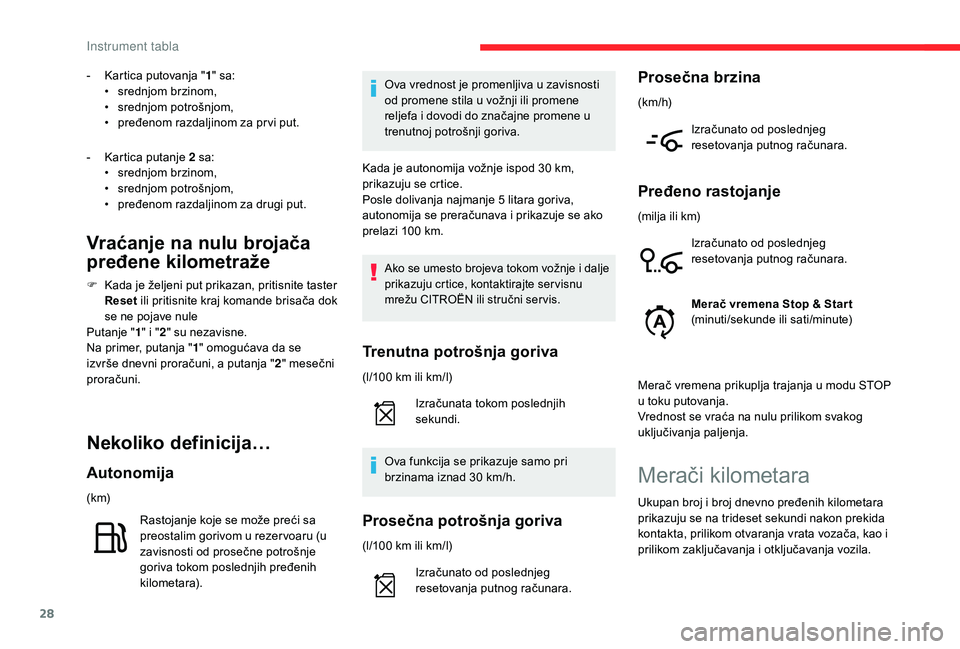 CITROEN C4 CACTUS 2019  Priručnik (in Serbian) 28
- Kartica putovanja "1" sa:
• s rednjom brzinom,
•
 s

rednjom potrošnjom,
•
 
p
 ređenom razdaljinom za pr vi put.
-
 
K
 artica putanje 2 sa:
•
 s

rednjom brzinom,
•
 s

redn