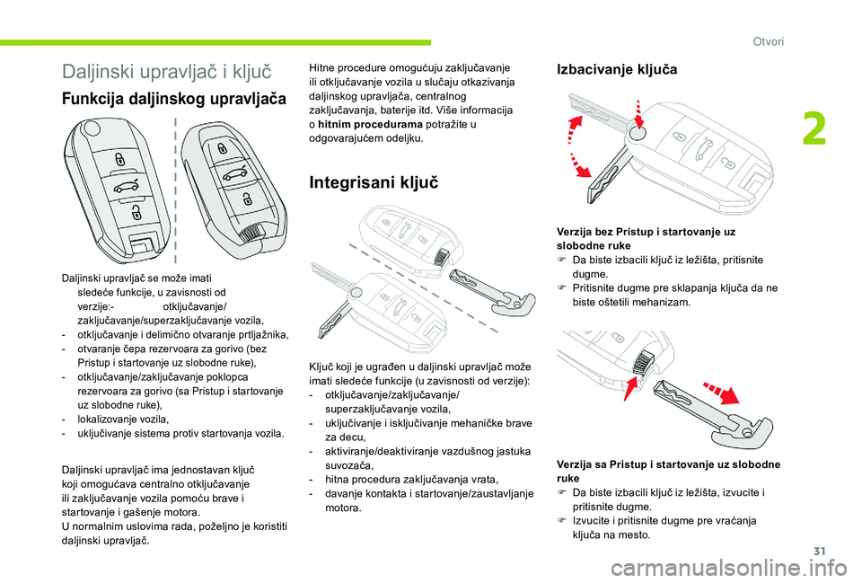 CITROEN C4 CACTUS 2019 Priručnik (in Serbian) 31
Daljinski upravljač i ključ
Daljinski upravljač se može imati sledeće funkcije, u zavisnosti od
verzije:-
o
tključavanje/
zaključavanje/superzaključavanje vozila,
-
o
tključavanje i CITROEN C4 CACTUS 2019 Priručnik (in Serbian) 31
Daljinski upravljač i ključ
Daljinski upravljač se može imati sledeće funkcije, u zavisnosti od
verzije:-
o
tključavanje/
zaključavanje/superzaključavanje vozila,
-
o
tključavanje i