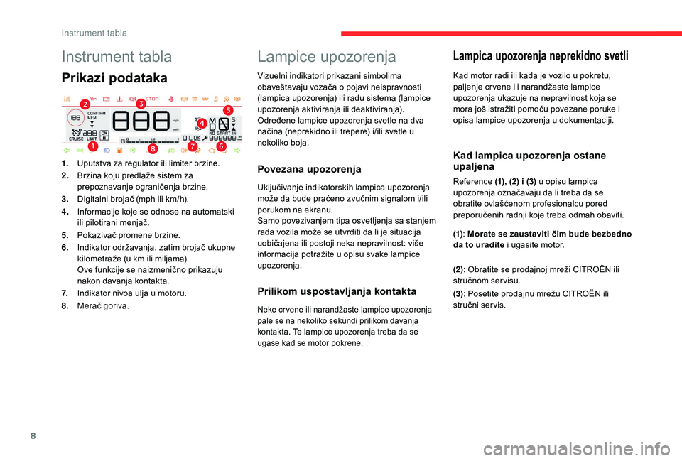 CITROEN C4 CACTUS 2019  Priručnik (in Serbian) 8
Instrument tabla
Prikazi podataka
1.Uputstva za regulator ili limiter brzine.
2. Brzina koju predlaže sistem za 
prepoznavanje ograničenja brzine.
3. Digitalni brojač (mph ili km/h).
4. Informaci