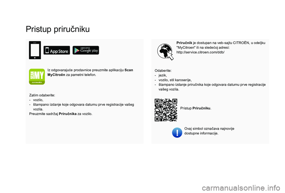 CITROEN C4 SPACETOURER 2021 Priručnik (in Serbian) Pristup priručniku
Priručnik je dostupan na veb-sajtu CITROËN, u odeljku
"MyCitroen" ili na sledećoj adresi:
http://service.citroen.com/ddb/
Ovaj simbol označava najnovije
dostupne info CITROEN C4 SPACETOURER 2021 Priručnik (in Serbian) Pristup priručniku
Priručnik je dostupan na veb-sajtu CITROËN, u odeljku
"MyCitroen" ili na sledećoj adresi:
http://service.citroen.com/ddb/
Ovaj simbol označava najnovije
dostupne info