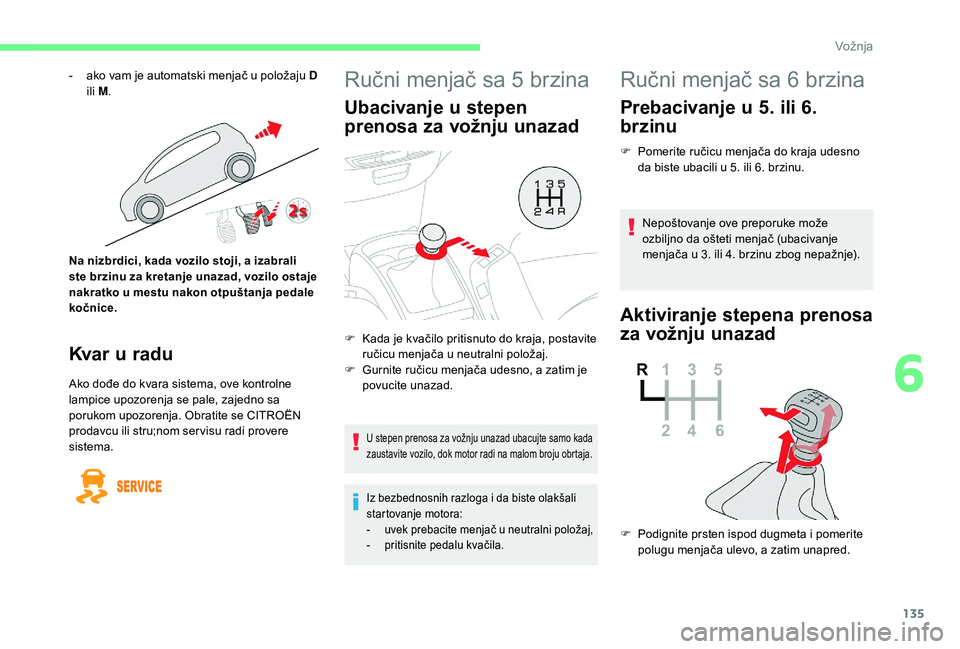 CITROEN C4 SPACETOURER 2021 Priručnik (in Serbian) 135
Ručni menjač sa 5 brzina
Ubacivanje u stepen
prenosa za vožnju unazad
U stepen prenosa za vožnju unazad ubacujte samo kada
zaustavite vozilo, dok motor radi na malom broju obrtaja.
Iz bezbed CITROEN C4 SPACETOURER 2021 Priručnik (in Serbian) 135
Ručni menjač sa 5 brzina
Ubacivanje u stepen
prenosa za vožnju unazad
U stepen prenosa za vožnju unazad ubacujte samo kada
zaustavite vozilo, dok motor radi na malom broju obrtaja.
Iz bezbed
