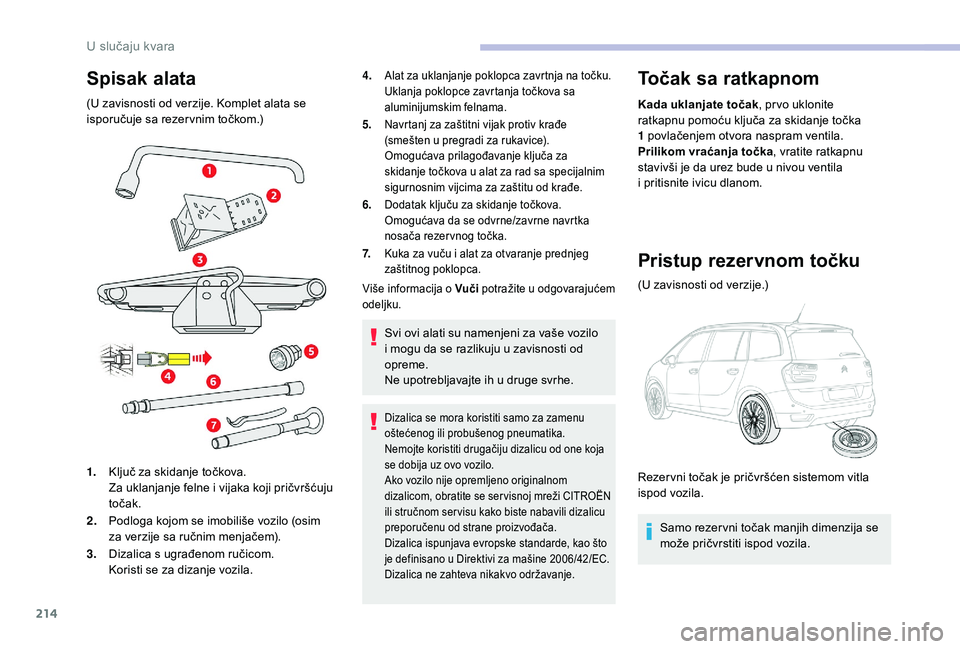 CITROEN C4 SPACETOURER 2021 Priručnik (in Serbian) 214
Spisak alata
(U zavisnosti od verzije. Komplet alata se
isporučuje sa rezer vnim točkom.)
1.Ključ za skidanje točkova.
Za uklanjanje felne i
vijaka koji pričvršćuju
točak.
2. Podloga k CITROEN C4 SPACETOURER 2021 Priručnik (in Serbian) 214
Spisak alata
(U zavisnosti od verzije. Komplet alata se
isporučuje sa rezer vnim točkom.)
1.Ključ za skidanje točkova.
Za uklanjanje felne i
vijaka koji pričvršćuju
točak.
2. Podloga k