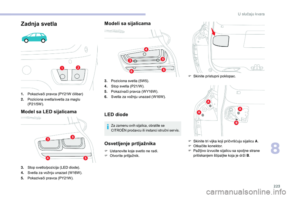 CITROEN C4 SPACETOURER 2021  Priručnik (in Serbian) 223
Zadnja svetla
1.Pokazivači pravca (PY21W ćilibar)
2. Poziciona svetla/svetla za maglu 
(P21/5W ).
Model sa LED sijalicama
3.Stop svetlo/pozicija (LED diode).
4. Svetla za vožnju unazad (W16W).
