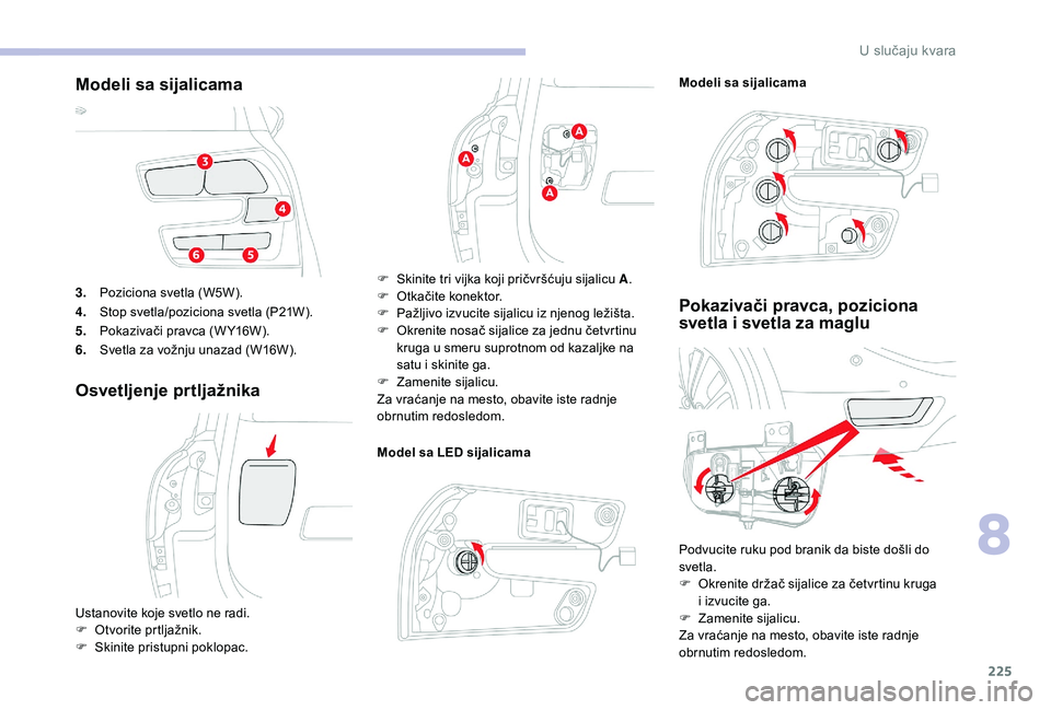 CITROEN C4 SPACETOURER 2021  Priručnik (in Serbian) 225
3.Poziciona svetla (W5W).
4. Stop svetla/poziciona svetla (P21W).
5. Pokazivači pravca (W Y16W).
6. Svetla za vožnju unazad (W16W).
Osvetljenje prtljažnika
Model sa LED sijalicama
Pokazivači p