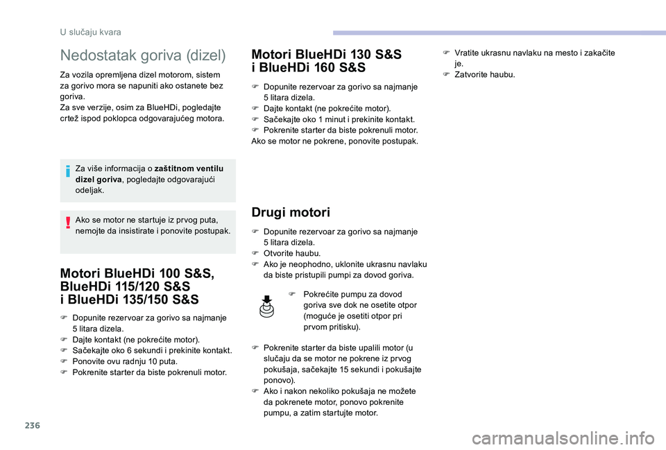 CITROEN C4 SPACETOURER 2021 Priručnik (in Serbian) 236
Nedostatak goriva (dizel)
Za vozila opremljena dizel motorom, sistem
za gorivo mora se napuniti ako ostanete bez
goriva.
Za sve verzije, osim za BlueHDi, pogledajte
crtež ispod poklopca odgova CITROEN C4 SPACETOURER 2021 Priručnik (in Serbian) 236
Nedostatak goriva (dizel)
Za vozila opremljena dizel motorom, sistem
za gorivo mora se napuniti ako ostanete bez
goriva.
Za sve verzije, osim za BlueHDi, pogledajte
crtež ispod poklopca odgova