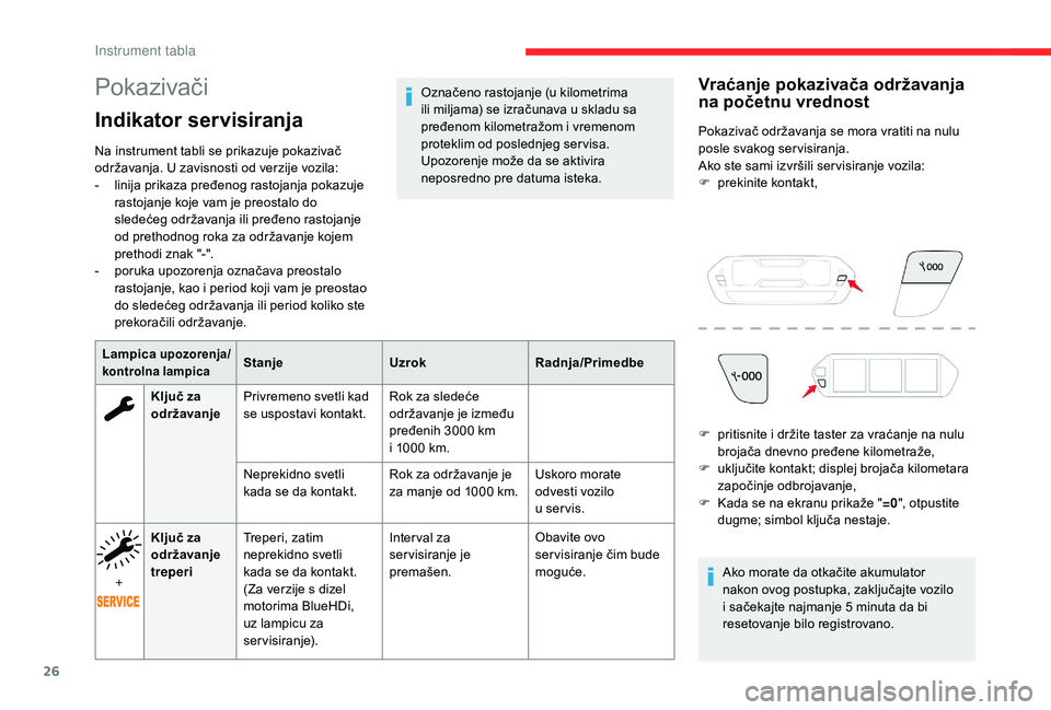 CITROEN C4 SPACETOURER 2021  Priručnik (in Serbian) 26
Pokazivači
Indikator servisiranja
Na instrument tabli se prikazuje pokazivač 
održavanja. U zavisnosti od verzije vozila:
- 
l
 inija prikaza pređenog rastojanja pokazuje 
rastojanje koje vam j