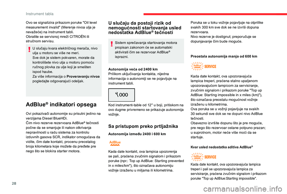 CITROEN C4 SPACETOURER 2021  Priručnik (in Serbian) 28
Ovo se signalizira prikazom poruke "Oil level 
measurement invalid" (Merenje nivoa ulja je 
nevažeće) na instrument tabli.
Obratite se ser visnoj mreži CITROËN ili 
stručnom servisu.U 