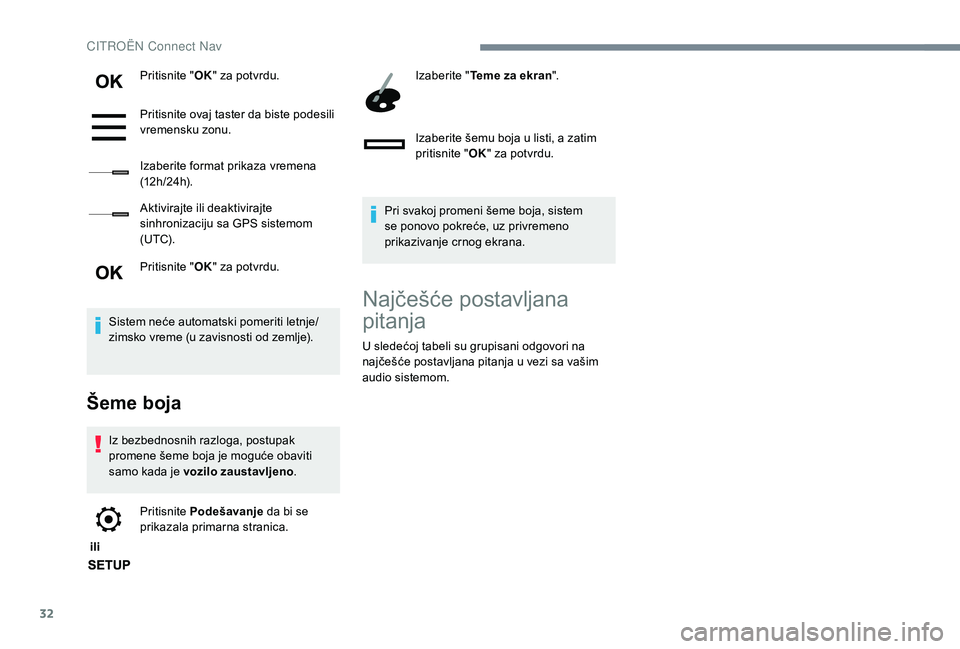 CITROEN C4 SPACETOURER 2021  Priručnik (in Serbian) 32
Pritisnite "OK" za potvrdu.
Pritisnite ovaj taster da biste podesili 
vremensku zonu.
Izaberite format prikaza vremena 
(12 h / 24 h).
Aktivirajte ili deaktivirajte 
sinhronizaciju sa GPS s