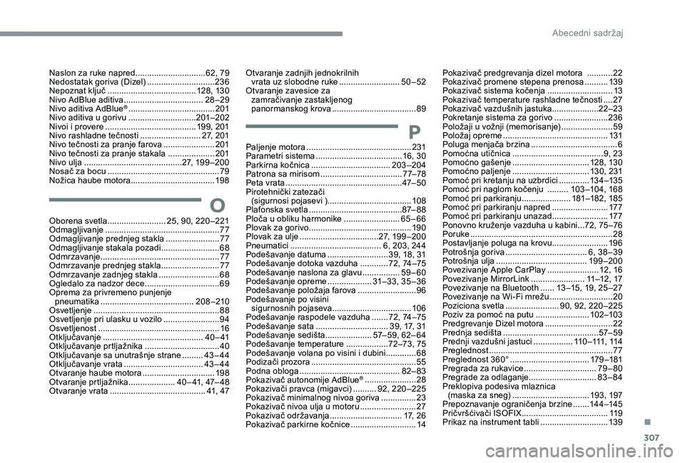 CITROEN C4 SPACETOURER 2021  Priručnik (in Serbian) 307
O
Oborena svetla ......................... 25, 90, 220 –221
Odmagljivanje ................................................. 77
O
dmagljivanje prednjeg stakla  
.......................77
O

dmagl