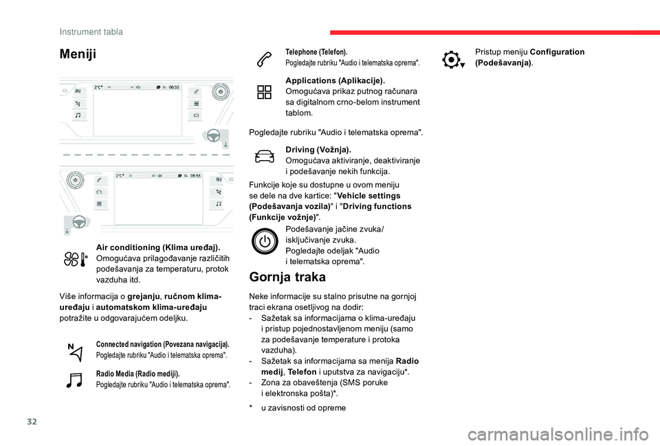 CITROEN C4 SPACETOURER 2021 Priručnik (in Serbian) 32
Meniji
Više informacija o grejanju, ručnom klima-
uređaju i
automatskom klima-uređaju
potražite u
odgovarajućem odeljku.
Gornja traka
* u zavisnosti od opreme Neke informacije su stal CITROEN C4 SPACETOURER 2021 Priručnik (in Serbian) 32
Meniji
Više informacija o grejanju, ručnom klima-
uređaju i
automatskom klima-uređaju
potražite u
odgovarajućem odeljku.
Gornja traka
* u zavisnosti od opreme Neke informacije su stal