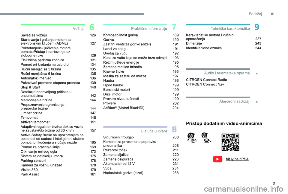 CITROEN C4 SPACETOURER 2021  Priručnik (in Serbian) 3
.
.
bit.ly/helpPSA
Saveti za vožnju 126
Startovanje i   gašenje motora sa  
elektronskim ključem (ADML)
 
1
 27
Pokretanje/isključivanje motora   
pomoćuPristup i
  startovanje uz  
slobodne ru