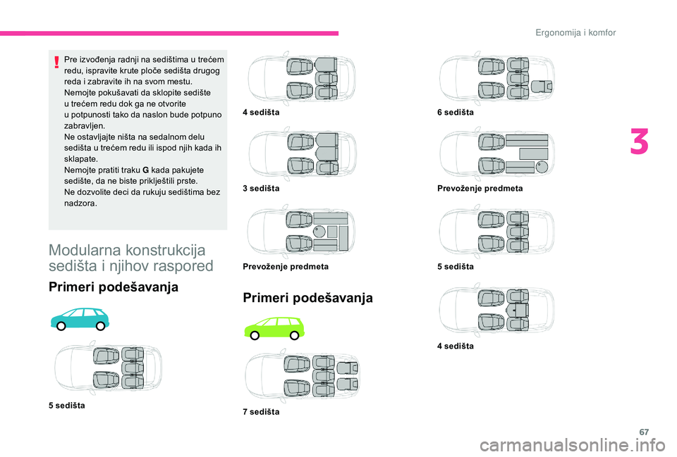CITROEN C4 SPACETOURER 2021 Priručnik (in Serbian) 67
Primeri podešavanja
4 sedišta
3 sedišta
Prevoženje predmeta
7
sedišta 6
sedišta
Prevoženje predmeta
5
sedišta
4
sedišta
Pre izvođenja radnji na sedištima u
trećem
redu, isp CITROEN C4 SPACETOURER 2021 Priručnik (in Serbian) 67
Primeri podešavanja
4 sedišta
3 sedišta
Prevoženje predmeta
7
sedišta 6
sedišta
Prevoženje predmeta
5
sedišta
4
sedišta
Pre izvođenja radnji na sedištima u
trećem
redu, isp