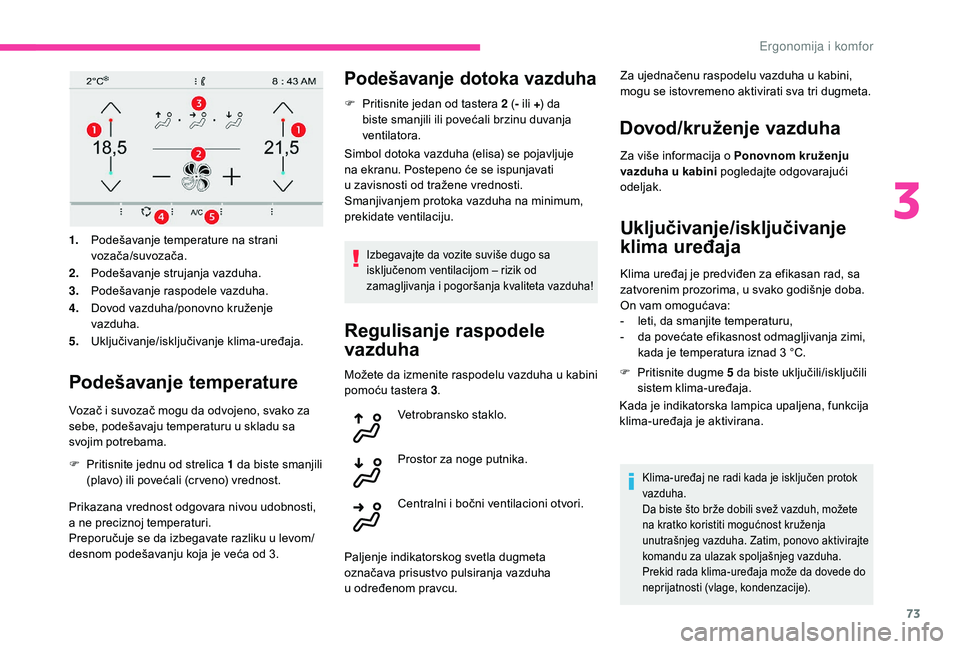CITROEN C4 SPACETOURER 2021  Priručnik (in Serbian) 73
1.Podešavanje temperature na strani 
vozača/suvozača.
2. Podešavanje strujanja vazduha.
3. Podešavanje raspodele vazduha.
4. Dovod vazduha/ponovno kruženje 
vazduha.
5. Uključivanje/isključ