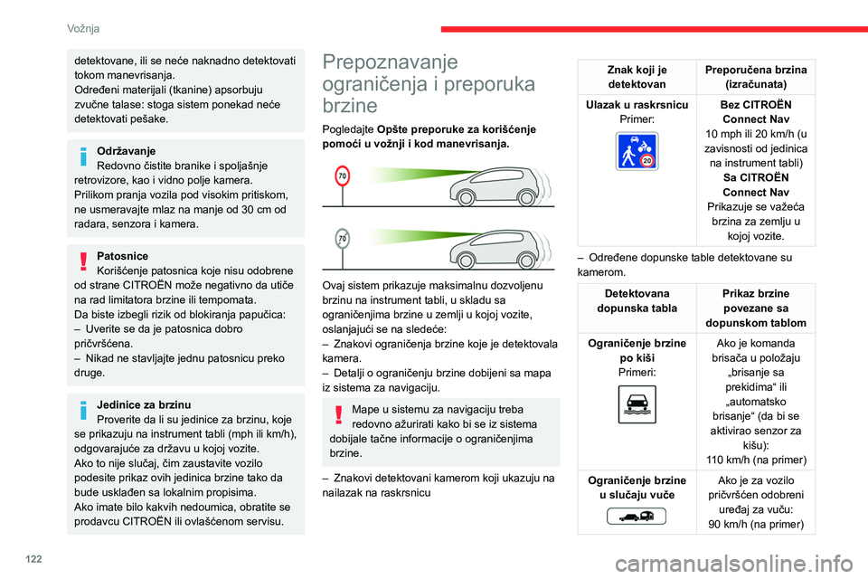 CITROEN C5 AIRCROSS 2022 Priručnik (in Serbian) 122
Vožnja
detektovane, ili se neće naknadno detektovati
tokom manevrisanja.
Određeni materijali (tkanine) apsorbuju
zvučne talase: stoga sistem ponekad neće
detektovati pešake.
Održavanje
R CITROEN C5 AIRCROSS 2022 Priručnik (in Serbian) 122
Vožnja
detektovane, ili se neće naknadno detektovati
tokom manevrisanja.
Određeni materijali (tkanine) apsorbuju
zvučne talase: stoga sistem ponekad neće
detektovati pešake.
Održavanje
R