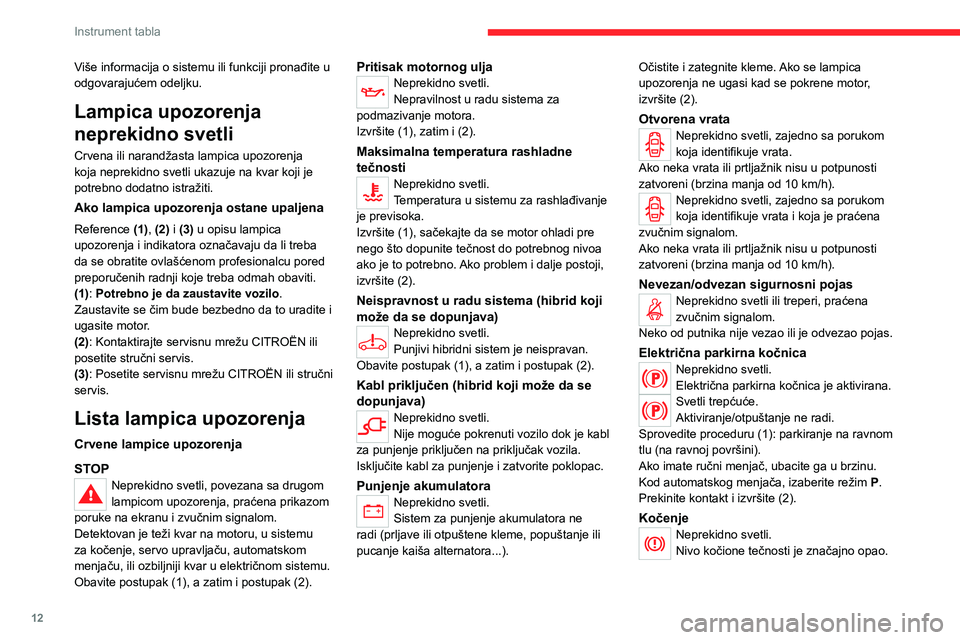 CITROEN C5 AIRCROSS 2022 Priručnik (in Serbian) 12
Instrument tabla
Više informacija o sistemu ili funkciji pronađite u
odgovarajućem odeljku.
Lampica upozorenja
neprekidno svetli
Crvena ili narandžasta lampica upozorenja
koja neprekidno sve CITROEN C5 AIRCROSS 2022 Priručnik (in Serbian) 12
Instrument tabla
Više informacija o sistemu ili funkciji pronađite u
odgovarajućem odeljku.
Lampica upozorenja
neprekidno svetli
Crvena ili narandžasta lampica upozorenja
koja neprekidno sve