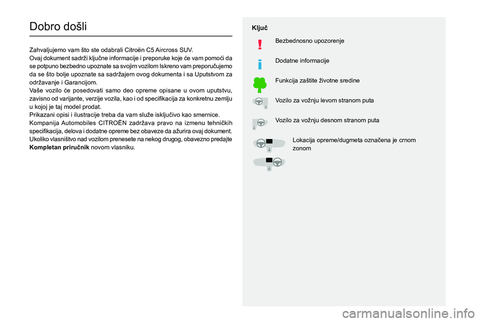 CITROEN C5 AIRCROSS 2022  Priručnik (in Serbian)   
 
 
 
  
   
   
 
  
 
  
 
 
   
 
 
   
 
 
  
Dobro došli
Zahvaljujemo vam što ste odabrali Citroën C5 Aircross SUV.
003200590044004D0003
00560048
004700440003
00520047005500E500440059
0039
