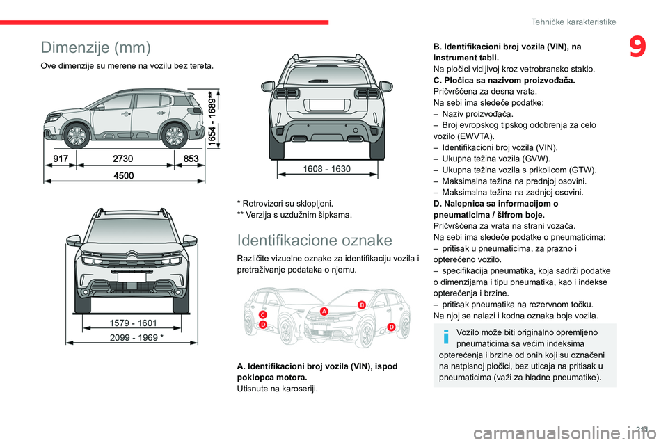 CITROEN C5 AIRCROSS 2022 Priručnik (in Serbian) 2 11
Tehničke karakteristike
9Dimenzije (mm)
Ove dimenzije su merene na vozilu bez tereta.
* Retrovizori su sklopljeni.
** Verzija s uzdužnim šipkama.
Identifikacione oznake
Različite CITROEN C5 AIRCROSS 2022 Priručnik (in Serbian) 2 11
Tehničke karakteristike
9Dimenzije (mm)
Ove dimenzije su merene na vozilu bez tereta.
* Retrovizori su sklopljeni.
** Verzija s uzdužnim šipkama.
Identifikacione oznake
Različite