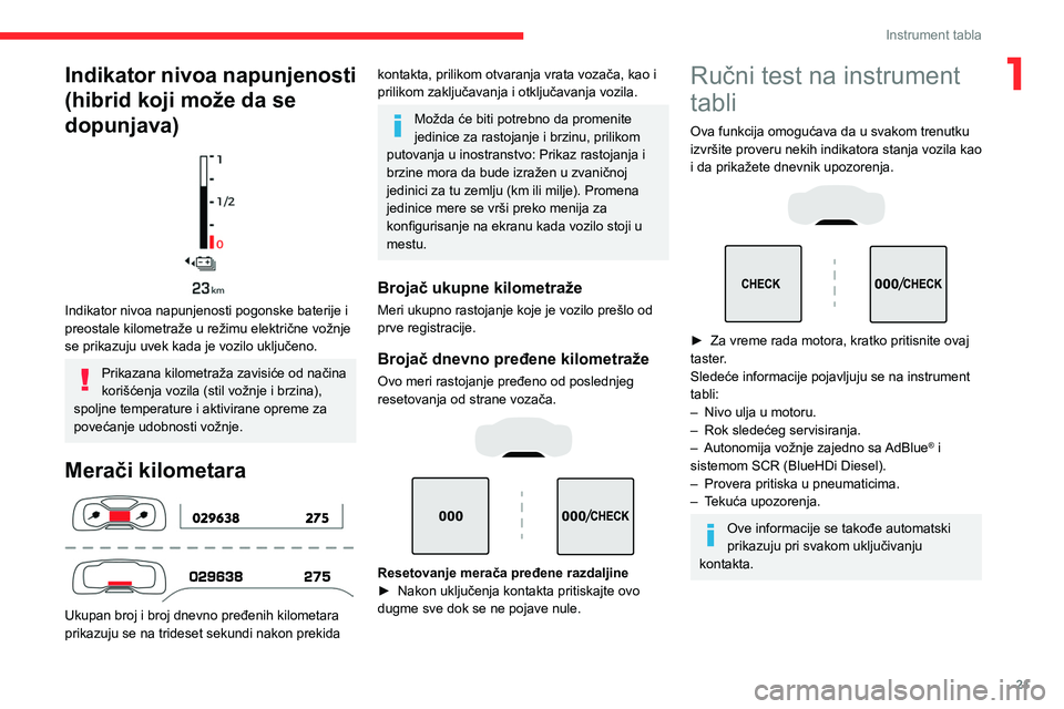 CITROEN C5 AIRCROSS 2022 Priručnik (in Serbian) 21
Instrument tabla
1Indikator nivoa napunjenosti
(hibrid koji može da se
dopunjava)
Indikator nivoa napunjenosti pogonske baterije i
preostale kilometraže u režimu električne vožnje
se p CITROEN C5 AIRCROSS 2022 Priručnik (in Serbian) 21
Instrument tabla
1Indikator nivoa napunjenosti
(hibrid koji može da se
dopunjava)
Indikator nivoa napunjenosti pogonske baterije i
preostale kilometraže u režimu električne vožnje
se p