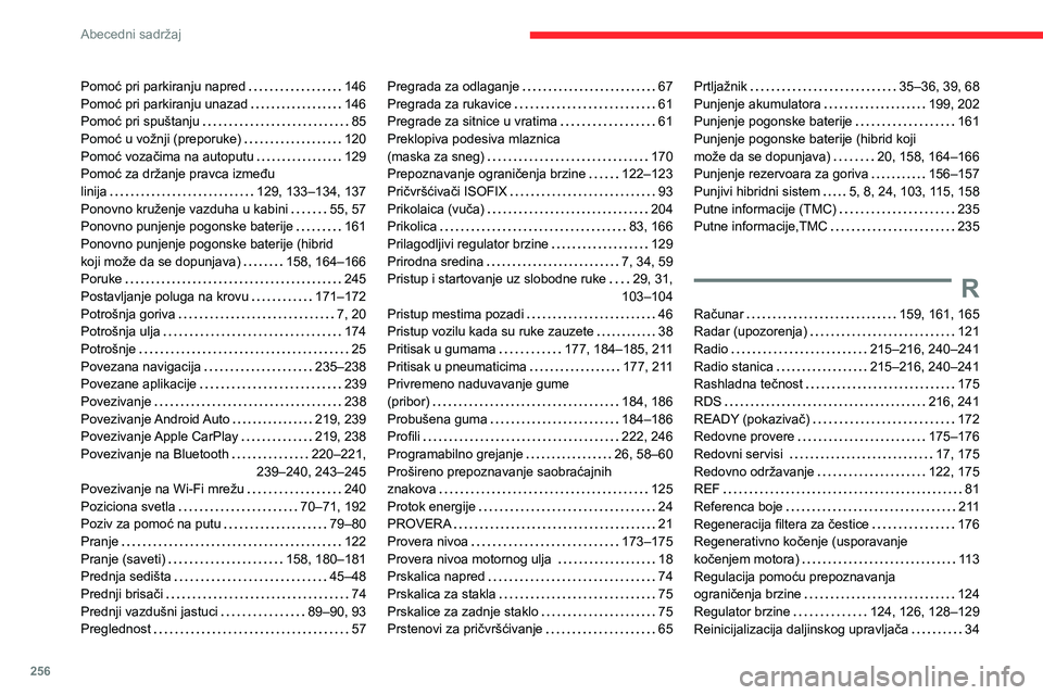CITROEN C5 AIRCROSS 2022  Priručnik (in Serbian) 256
Abecedni sadržaj
Pomoć pri parkiranju napred     146
Pomoć pri parkiranju unazad     
146
Pomoć pri spuštanju
    
85
Pomoć u vožnji (preporuke)
    
120
Pomoć vozačima na autoputu
    
1