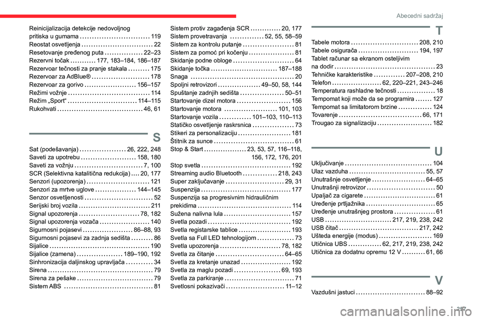 CITROEN C5 AIRCROSS 2022  Priručnik (in Serbian) 257
Abecedni sadržaj
Reinicijalizacija detekcije nedovoljnog  
pritiska u gumama     
119
Reostat osvetljenja
    
22
Resetovanje pređenog puta
    
22–23
Rezervni točak
    
177, 183–184, 186