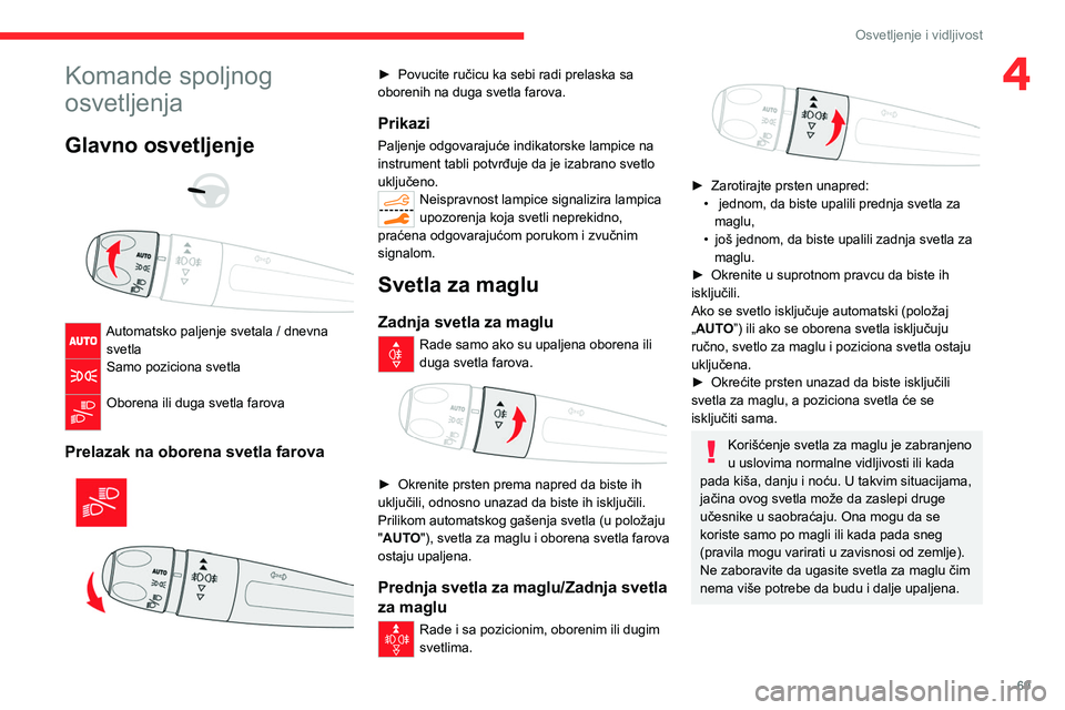 CITROEN C5 AIRCROSS 2022  Priručnik (in Serbian) 69
Osvetljenje i vidljivost
4Komande spoljnog 
osvetljenja
Glavno osvetljenje 
 
 
 
Automatsko paljenje svetala / dnevna  svetla
Samo poziciona svetla 
Oborena ili duga svetla farova 
Prelazak na obo