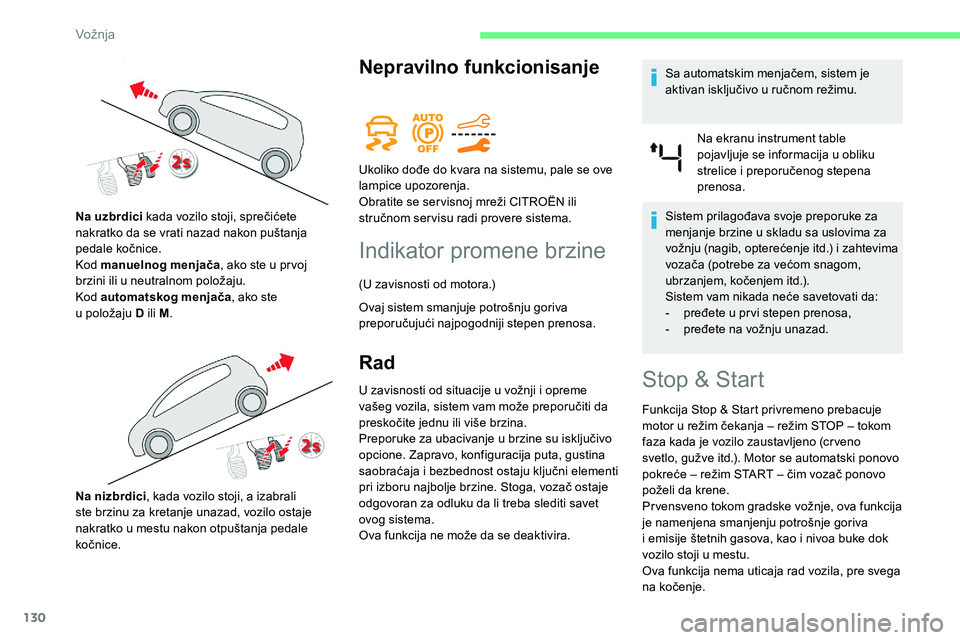 CITROEN C5 AIRCROSS 2020 Priručnik (in Serbian) 130
Nepravilno funkcionisanje
Indikator promene brzine
(U zavisnosti od motora.)
Ovaj sistem smanjuje potrošnju goriva
preporučujući najpogodniji stepen prenosa.
Rad
U zavisnosti od situacije u vo CITROEN C5 AIRCROSS 2020 Priručnik (in Serbian) 130
Nepravilno funkcionisanje
Indikator promene brzine
(U zavisnosti od motora.)
Ovaj sistem smanjuje potrošnju goriva
preporučujući najpogodniji stepen prenosa.
Rad
U zavisnosti od situacije u vo