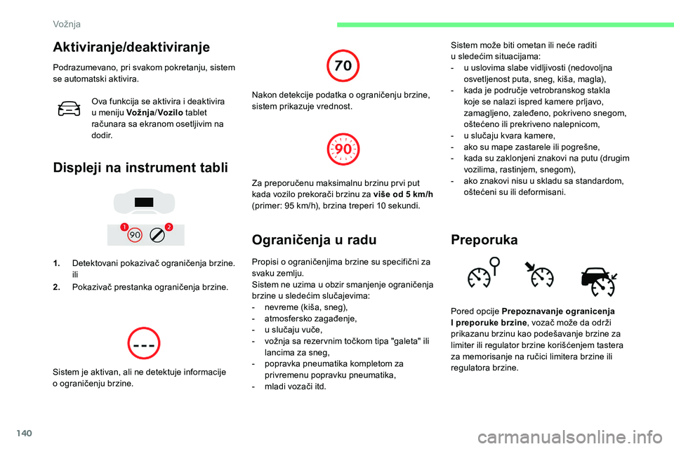 CITROEN C5 AIRCROSS 2020 Priručnik (in Serbian) 140
Aktiviranje/deaktiviranje
Podrazumevano, pri svakom pokretanju, sistem
se automatski aktivira.Ova funkcija se aktivira i
deaktivira
u
meniju Vožnja /Voz ilo tablet
računara sa ekranom os CITROEN C5 AIRCROSS 2020 Priručnik (in Serbian) 140
Aktiviranje/deaktiviranje
Podrazumevano, pri svakom pokretanju, sistem
se automatski aktivira.Ova funkcija se aktivira i
deaktivira
u
meniju Vožnja /Voz ilo tablet
računara sa ekranom os