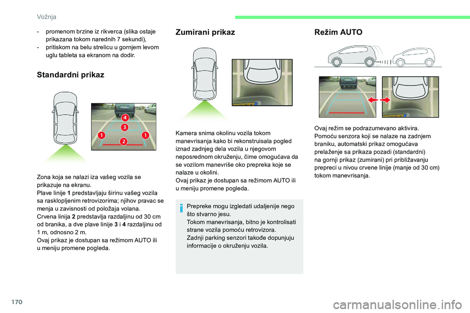 CITROEN C5 AIRCROSS 2020 Priručnik (in Serbian) 170
Standardni prikazZumirani prikaz
Prepreke mogu izgledati udaljenije nego
što stvarno jesu.
Tokom manevrisanja, bitno je kontrolisati
strane vozila pomoću retrovizora.
Zadnji parking senzori ta CITROEN C5 AIRCROSS 2020 Priručnik (in Serbian) 170
Standardni prikazZumirani prikaz
Prepreke mogu izgledati udaljenije nego
što stvarno jesu.
Tokom manevrisanja, bitno je kontrolisati
strane vozila pomoću retrovizora.
Zadnji parking senzori ta
