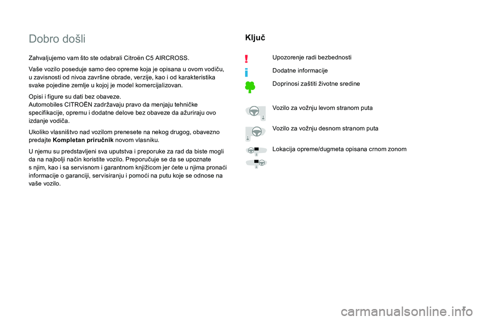 CITROEN C5 AIRCROSS 2020  Priručnik (in Serbian) 1
Dobro došli
Zahvaljujemo vam što ste odabrali Citroën C5 AIRCROSS.
V aše vozilo poseduje samo deo opreme koja je opisana u   ovom vodiču, 
u zavisnosti od nivoa završne obrade, verzije, kao i
