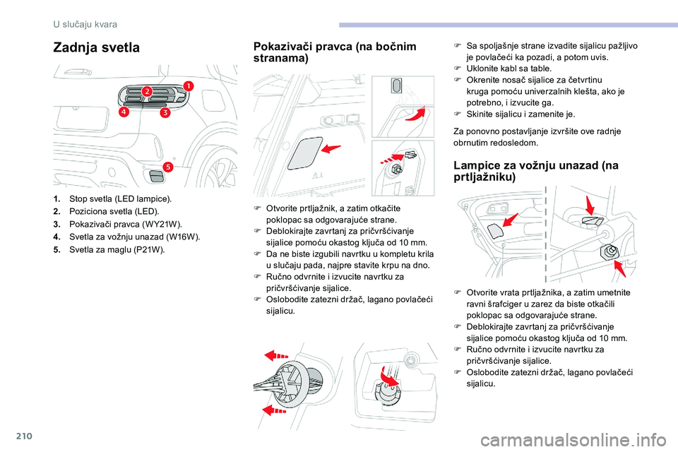 CITROEN C5 AIRCROSS 2020 Priručnik (in Serbian) 210
Zadnja svetla
1.Stop svetla (LED lampice).
2. Poziciona svetla (LED).
3. Pokazivači pravca (W Y21W).
4. Svetla za vožnju unazad (W16W).
5. Svetla za maglu (P21W).
Pokazivači pravca (na bočnim CITROEN C5 AIRCROSS 2020 Priručnik (in Serbian) 210
Zadnja svetla
1.Stop svetla (LED lampice).
2. Poziciona svetla (LED).
3. Pokazivači pravca (W Y21W).
4. Svetla za vožnju unazad (W16W).
5. Svetla za maglu (P21W).
Pokazivači pravca (na bočnim