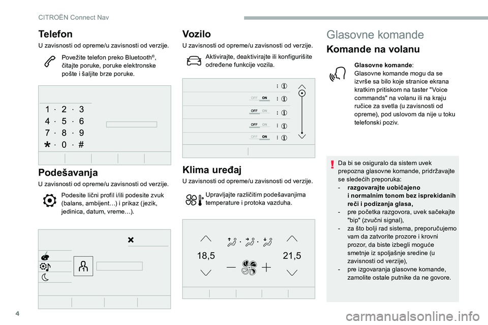 CITROEN C5 AIRCROSS 2020 Priručnik (in Serbian) 4
21,518,5
Telefon
U zavisnosti od opreme/u zavisnosti od verzije.Povežite telefon preko Bluetooth
®,
čitajte poruke, poruke elektronske
pošte i
šaljite brze poruke.
Podešavanja
U zavisnosti CITROEN C5 AIRCROSS 2020 Priručnik (in Serbian) 4
21,518,5
Telefon
U zavisnosti od opreme/u zavisnosti od verzije.Povežite telefon preko Bluetooth
®,
čitajte poruke, poruke elektronske
pošte i
šaljite brze poruke.
Podešavanja
U zavisnosti