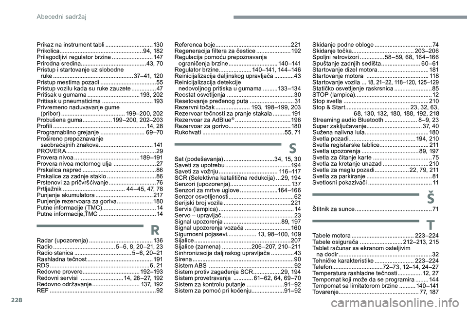 CITROEN C5 AIRCROSS 2020 Priručnik (in Serbian) 228
Prikaz na instrument tabli .............................13 0
Prikolica ................ ...................................94, 182
Prilagodljivi regulator brzine
......................... 14
7
P CITROEN C5 AIRCROSS 2020 Priručnik (in Serbian) 228
Prikaz na instrument tabli .............................13 0
Prikolica ................ ...................................94, 182
Prilagodljivi regulator brzine
......................... 14
7
P