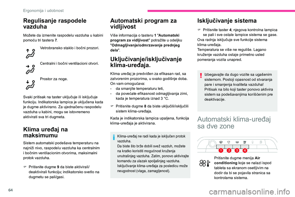 CITROEN C5 AIRCROSS 2020 Priručnik (in Serbian) 64
Regulisanje raspodele
vazduha
Možete da izmenite raspodelu vazduha u kabini
p omoću tri tastera 7 .
Vetrobransko staklo i
bočni prozori.
Centralni i
bočni ventilacioni otvori.
Prostor za CITROEN C5 AIRCROSS 2020 Priručnik (in Serbian) 64
Regulisanje raspodele
vazduha
Možete da izmenite raspodelu vazduha u kabini
p omoću tri tastera 7 .
Vetrobransko staklo i
bočni prozori.
Centralni i
bočni ventilacioni otvori.
Prostor za