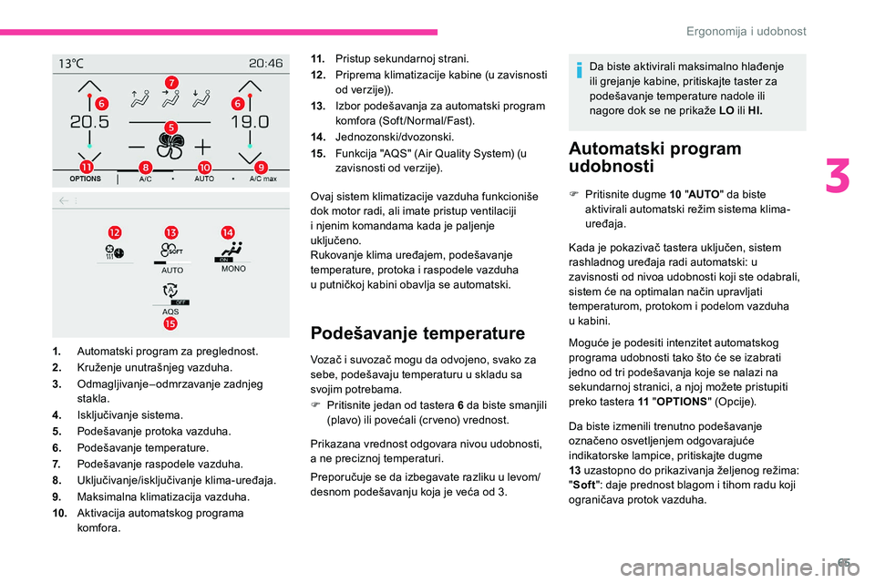 CITROEN C5 AIRCROSS 2020 Priručnik (in Serbian) 65
11.Pristup sekundarnoj strani.
12 . Priprema klimatizacije kabine (u zavisnosti
od verzije)).
13. Izbor podešavanja za automatski program
komfora (Soft/Normal/Fast).
14 . Jednozonski/dvozonski.
CITROEN C5 AIRCROSS 2020 Priručnik (in Serbian) 65
11.Pristup sekundarnoj strani.
12 . Priprema klimatizacije kabine (u zavisnosti
od verzije)).
13. Izbor podešavanja za automatski program
komfora (Soft/Normal/Fast).
14 . Jednozonski/dvozonski.