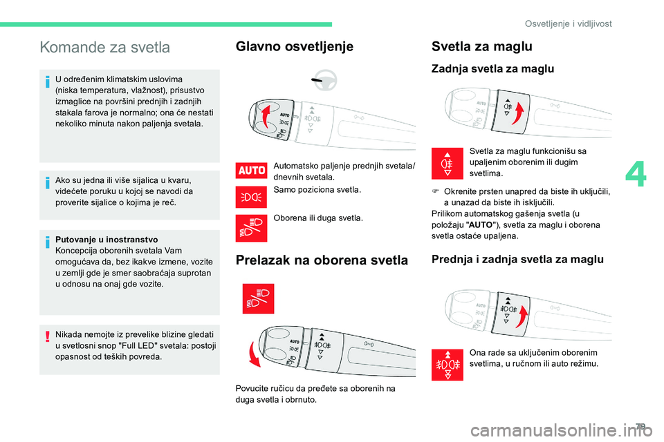 CITROEN C5 AIRCROSS 2020 Priručnik (in Serbian) 79
Komande za svetla
U određenim klimatskim uslovima
(niska temperatura, vlažnost), prisustvo
izmaglice na površini prednjih i zadnjih
stakala farova je normalno; ona će nestati
nekoliko minu CITROEN C5 AIRCROSS 2020 Priručnik (in Serbian) 79
Komande za svetla
U određenim klimatskim uslovima
(niska temperatura, vlažnost), prisustvo
izmaglice na površini prednjih i zadnjih
stakala farova je normalno; ona će nestati
nekoliko minu
