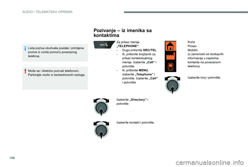 CITROEN C-ELYSÉE 2017 Priručnik (in Serbian) 198
Lista poziva obuhvata poslate i primljene
pozive iz vozila pomoću povezanog
telefona.
Može se i direktno pozvati telefonom.
Parkirajte vozilo iz bezbednosnih razloga.
Pozivanje – iz imenika CITROEN C-ELYSÉE 2017 Priručnik (in Serbian) 198
Lista poziva obuhvata poslate i primljene
pozive iz vozila pomoću povezanog
telefona.
Može se i direktno pozvati telefonom.
Parkirajte vozilo iz bezbednosnih razloga.
Pozivanje – iz imenika