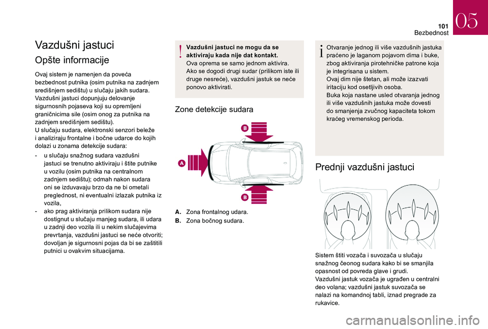 CITROEN DS3 CABRIO 2018 Priručnik (in Serbian) 101
Vazdušni jastuci
Opšte informacije
Ovaj sistem je namenjen da poveća
bezbednost putnika (osim putnika na zadnjem
središnjem sedištu) u slučaju jakih sudara.
Vazdušni jastuci dopunjuju d CITROEN DS3 CABRIO 2018 Priručnik (in Serbian) 101
Vazdušni jastuci
Opšte informacije
Ovaj sistem je namenjen da poveća
bezbednost putnika (osim putnika na zadnjem
središnjem sedištu) u slučaju jakih sudara.
Vazdušni jastuci dopunjuju d