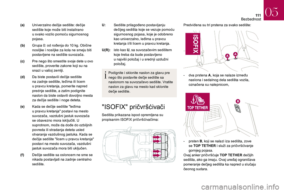 CITROEN DS3 CABRIO 2018  Priručnik (in Serbian) 111
"ISOFIX" pričvršćivači
Sedišta prikazana ispod opremljena su 
propisanim ISOFIX pričvršćivačima:Predviđena su tri prstena za svako sedište:
Podignite i   sklonite naslon za glav