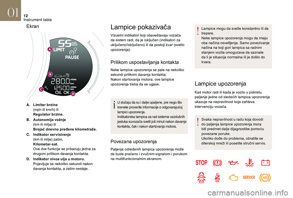 CITROEN DS3 CABRIO 2018 Priručnik (in Serbian) 12
A.Limiter brzine
(mph ili km/h) ili
Regulator brzine.
B. Autonomija vožnje
(km ili milja) ili
Brojač dnevno pređene kilometraže.
C. Indikator servisiranja
(km ili milje) zatim,
Kilometar-sat.
O CITROEN DS3 CABRIO 2018 Priručnik (in Serbian) 12
A.Limiter brzine
(mph ili km/h) ili
Regulator brzine.
B. Autonomija vožnje
(km ili milja) ili
Brojač dnevno pređene kilometraže.
C. Indikator servisiranja
(km ili milje) zatim,
Kilometar-sat.
O