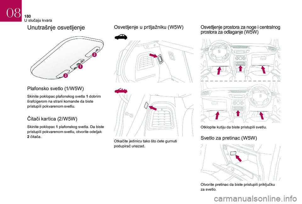 CITROEN DS3 CABRIO 2018  Priručnik (in Serbian) 180
Unutrašnje osvetljenje
Plafonsko svetlo (1/W5W)
Skinite poklopac plafonskog svetla 1 dobrim 
š rafcigerom na strani komande da biste 
pristupili pokvarenom svetlu.
Čitači kartica (2/W5W)
Skini