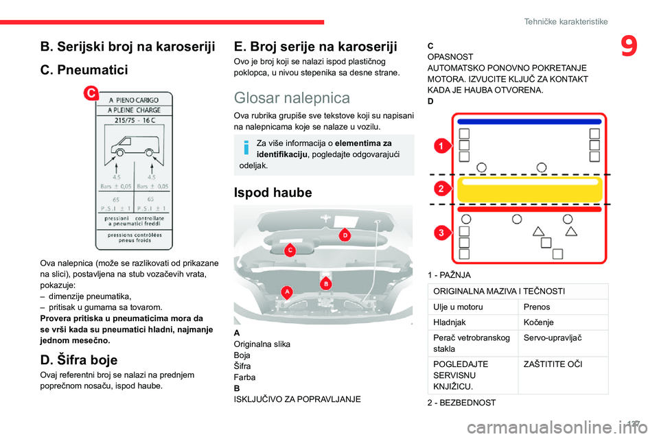 CITROEN JUMPER 2020 Priručnik (in Serbian) 137
Tehničke karakteristike
9B. Serijski broj na karoseriji
C. Pneumatici
Ova nalepnica (može se razlikovati od prikazane na slici), postavljena na stub vozačevih vrata, pokazuje:– dimenzije p CITROEN JUMPER 2020 Priručnik (in Serbian) 137
Tehničke karakteristike
9B. Serijski broj na karoseriji
C. Pneumatici
Ova nalepnica (može se razlikovati od prikazane na slici), postavljena na stub vozačevih vrata, pokazuje:– dimenzije p